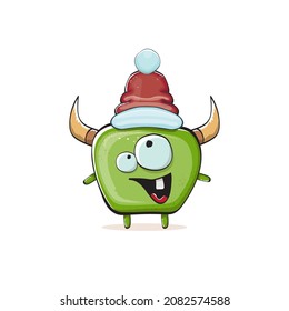 Vector cartoon funky green monster with Santa Claus red hat isolated on white background. Childrens Merry Christmas greeting card with funny monster elf Santa Claus.