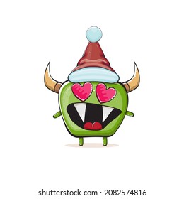 Vector cartoon funky green monster with Santa Claus red hat isolated on white background. Childrens Merry Christmas greeting card with funny monster elf Santa Claus.