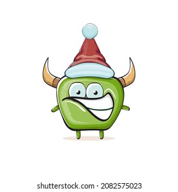 Vector cartoon funky green monster with Santa Claus red hat isolated on white background. Childrens Merry Christmas greeting card with funny monster elf Santa Claus.