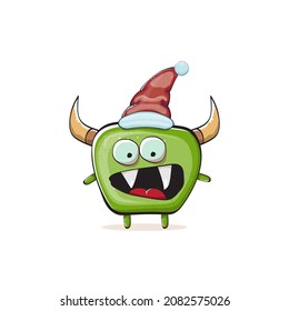 Vector cartoon funky green monster with Santa Claus red hat isolated on white background. Childrens Merry Christmas greeting card with funny monster elf Santa Claus.