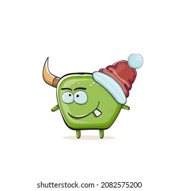 Vector cartoon funky green monster with Santa Claus red hat isolated on white background. Childrens Merry Christmas greeting card with funny monster elf Santa Claus.
