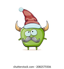 Vector cartoon funky green monster with Santa Claus red hat isolated on white background. Childrens Merry Christmas greeting card with funny monster elf Santa Claus.