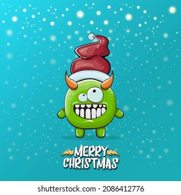 Vector cartoon funky green monster with Santa Claus red hat isolated on turquoise background with snowflakes. Childrens Merry Christmas greeting card with funny monster elf Santa Claus.