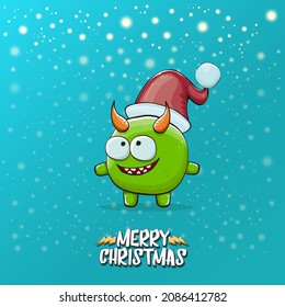 Vector cartoon funky green monster with Santa Claus red hat isolated on turquoise background with snowflakes. Childrens Merry Christmas greeting card with funny monster elf Santa Claus.
