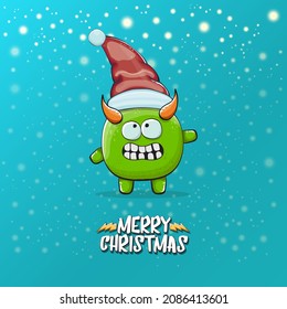 Vector cartoon funky green monster with Santa Claus red hat isolated on turquoise background with snowflakes. Childrens Merry Christmas greeting card with funny monster elf Santa Claus.