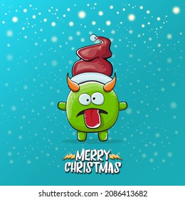 Vector cartoon funky green monster with Santa Claus red hat isolated on turquoise background with snowflakes. Childrens Merry Christmas greeting card with funny monster elf Santa Claus.