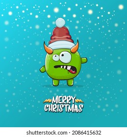 Vector cartoon funky green monster with Santa Claus red hat isolated on turquoise background with snowflakes. Childrens Merry Christmas greeting card with funny monster elf Santa Claus.