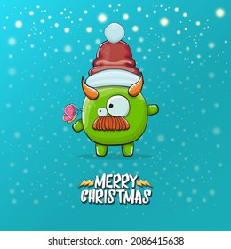 Vector cartoon funky green monster with Santa Claus red hat isolated on turquoise background with snowflakes. Childrens Merry Christmas greeting card with funny monster elf Santa Claus.
