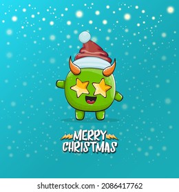 Vector cartoon funky green monster with Santa Claus red hat isolated on turquoise background with snowflakes. Childrens Merry Christmas greeting card with funny monster elf Santa Claus.