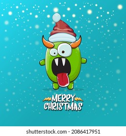 Vector cartoon funky green monster with Santa Claus red hat isolated on turquoise background with snowflakes. Childrens Merry Christmas greeting card with funny monster elf Santa Claus.
