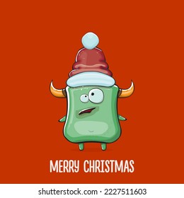 Vector cartoon funky green monster with Santa Claus red hat isolated on red background. Funny and cute Childrens Merry Christmas greeting card with funny green monster elf Santa Claus character.