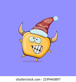 Vector cartoon funky orange monster with Santa Claus red hat isolated on violet background. Funny and cute Childrens Merry Christmas greeting card with funny monster elf Santa Claus character.
