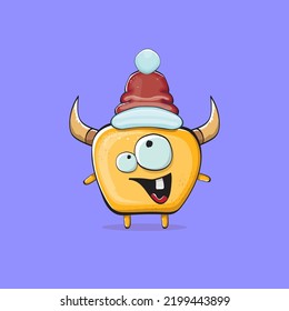 Vector cartoon funky orange monster with Santa Claus red hat isolated on violet background. Funny and cute Childrens Merry Christmas greeting card with funny monster elf Santa Claus character.
