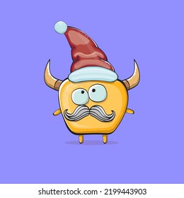 Vector cartoon funky orange monster with Santa Claus red hat isolated on violet background. Funny and cute Childrens Merry Christmas greeting card with funny monster elf Santa Claus character.
