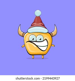 Vector cartoon funky orange monster with Santa Claus red hat isolated on violet background. Funny and cute Childrens Merry Christmas greeting card with funny monster elf Santa Claus character.