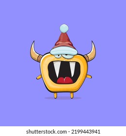 Vector cartoon funky orange monster with Santa Claus red hat isolated on violet background. Funny and cute Childrens Merry Christmas greeting card with funny monster elf Santa Claus character.