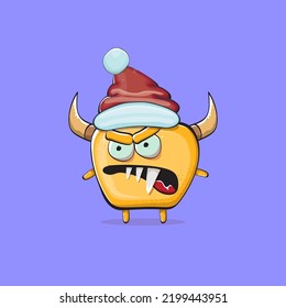 Vector cartoon funky orange monster with Santa Claus red hat isolated on violet background. Funny and cute Childrens Merry Christmas greeting card with funny monster elf Santa Claus character.