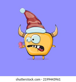 Vector cartoon funky orange monster with Santa Claus red hat isolated on violet background. Funny and cute Childrens Merry Christmas greeting card with funny monster elf Santa Claus character.