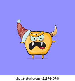 Vector cartoon funky orange monster with Santa Claus red hat isolated on violet background. Funny and cute Childrens Merry Christmas greeting card with funny monster elf Santa Claus character.