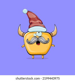 Vector cartoon funky orange monster with Santa Claus red hat isolated on violet background. Funny and cute Childrens Merry Christmas greeting card with funny monster elf Santa Claus character.
