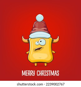 Vektorgrafik funky-orangefarbenes Monster mit rotem Weihnachtsmütze einzeln auf rotem Hintergrund. Funny und süß Kinder Frohe Weihnachten Grußkarte mit lustigen orangefarbenen Monster elf Weihnachtsmann Charakter.