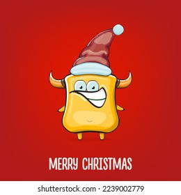 Caricatura vectorial monstruo anaranjado funky con sombrero rojo de Santa Claus aislado de fondo rojo. Graciosa y linda tarjeta de saludo de Feliz Navidad para Niños con el gracioso personaje de Papá Noel monstruo naranja.
