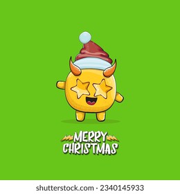 Caricatura vectorial monstruo anaranjado funky con sombrero rojo de Santa Claus aislado en el fondo verde de la navidad. Niños Feliz tarjeta de felicitación navideña con el gracioso monstruo elfo de Santa Claus.