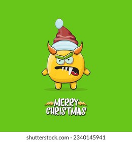 Vector cartoon funky orange monster with Santa Claus red hat isolated on green christmas background. Childrens Merry Christmas greeting card with funny monster minion elf Santa Claus.