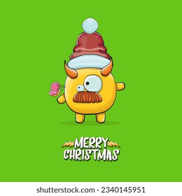 Vector cartoon funky orange monster with Santa Claus red hat isolated on green christmas background. Childrens Merry Christmas greeting card with funny monster minion elf Santa Claus.