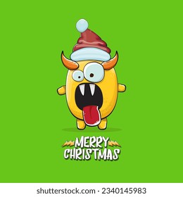 Vector cartoon funky orange monster with Santa Claus red hat isolated on green christmas background. Childrens Merry Christmas greeting card with funny monster minion elf Santa Claus.