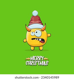 Vector cartoon funky orange monster with Santa Claus red hat isolated on green christmas background. Childrens Merry Christmas greeting card with funny monster minion elf Santa Claus.
