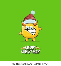 Vector cartoon funky orange monster with Santa Claus red hat isolated on green christmas background. Childrens Merry Christmas greeting card with funny monster minion elf Santa Claus.