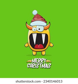 Vector cartoon funky orange monster with Santa Claus red hat isolated on green christmas background. Childrens Merry Christmas greeting card with funny monster minion elf Santa Claus.