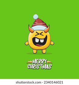 Vector cartoon funky orange monster with Santa Claus red hat isolated on green christmas background. Childrens Merry Christmas greeting card with funny monster minion elf Santa Claus.