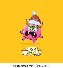 Vector cartoon funky pink monster with Santa Claus red hat isolated on orange background with snowflakes. Childrens Merry Christmas greeting card with funny monster minion elf Santa Claus.