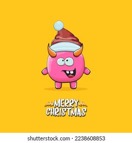 Vector cartoon funky pink monster with Santa Claus red hat isolated on orange background with snowflakes. Childrens Merry Christmas greeting card with funny monster minion elf Santa Claus.