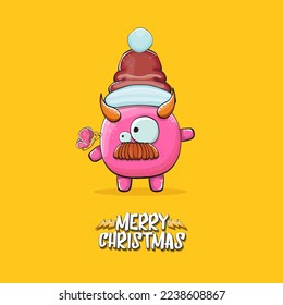 Vector cartoon funky pink monster with Santa Claus red hat isolated on orange background with snowflakes. Childrens Merry Christmas greeting card with funny monster minion elf Santa Claus.