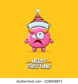 Vector cartoon funky pink monster with Santa Claus red hat isolated on orange background with snowflakes. Childrens Merry Christmas greeting card with funny monster minion elf Santa Claus.