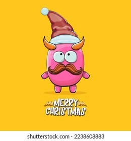 Vector cartoon funky pink monster with Santa Claus red hat isolated on orange background with snowflakes. Childrens Merry Christmas greeting card with funny monster minion elf Santa Claus.