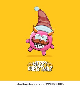 Vektorgrafik funky rosa Monster mit rotem Weihnachtsmütze einzeln auf orangefarbenem Hintergrund mit Schneeflocken. Kinder Frohe Weihnachten Grußkarte mit lustigen Monster Minion elf Weihnachtsmann.