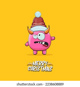Vector cartoon funky pink monster with Santa Claus red hat isolated on orange background with snowflakes. Childrens Merry Christmas greeting card with funny monster minion elf Santa Claus.