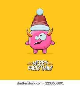 Vector cartoon funky pink monster with Santa Claus red hat isolated on orange background with snowflakes. Childrens Merry Christmas greeting card with funny monster minion elf Santa Claus.