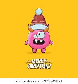 Vector cartoon funky pink monster with Santa Claus red hat isolated on orange background with snowflakes. Childrens Merry Christmas greeting card with funny monster minion elf Santa Claus.