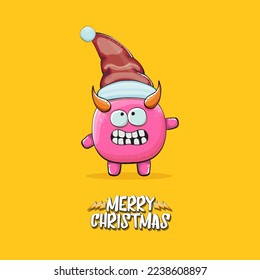 Vector cartoon funky pink monster with Santa Claus red hat isolated on orange background with snowflakes. Childrens Merry Christmas greeting card with funny monster minion elf Santa Claus.