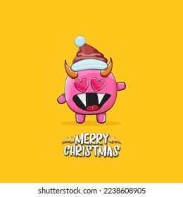 Vector cartoon funky pink monster with Santa Claus red hat isolated on orange background with snowflakes. Childrens Merry Christmas greeting card with funny monster minion elf Santa Claus.