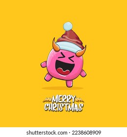 Vector cartoon funky pink monster with Santa Claus red hat isolated on orange background with snowflakes. Childrens Merry Christmas greeting card with funny monster minion elf Santa Claus.