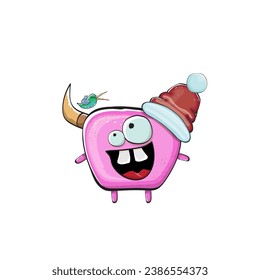 Vector cartoon funky pink monster with Santa Claus red hat isolated on white background. Funny and cute Childrens Merry Christmas greeting card with funny PINK monster elf Santa Claus character.