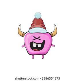 Vector cartoon funky pink monster with Santa Claus red hat isolated on white background. Funny and cute Childrens Merry Christmas greeting card with funny PINK monster elf Santa Claus character.
