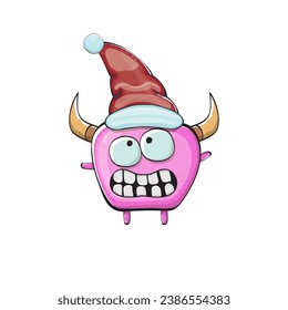 Vector cartoon funky pink monster with Santa Claus red hat isolated on white background. Funny and cute Childrens Merry Christmas greeting card with funny PINK monster elf Santa Claus character.