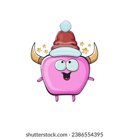 Vector cartoon funky pink monster with Santa Claus red hat isolated on white background. Funny and cute Childrens Merry Christmas greeting card with funny PINK monster elf Santa Claus character.